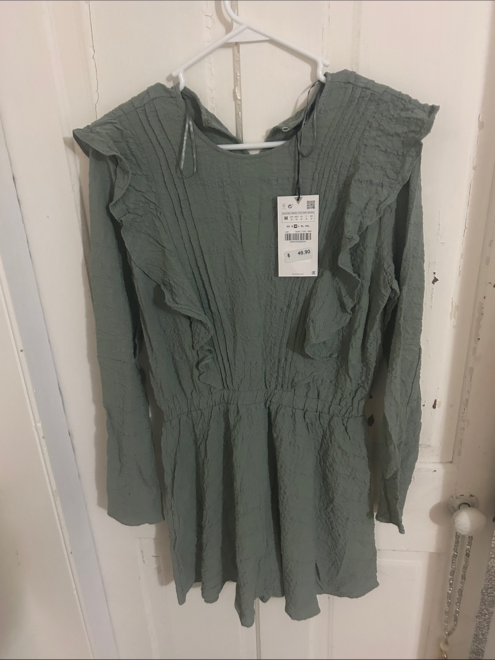 Zara Sage Green Ruffle Waist-Tie Tunic Top